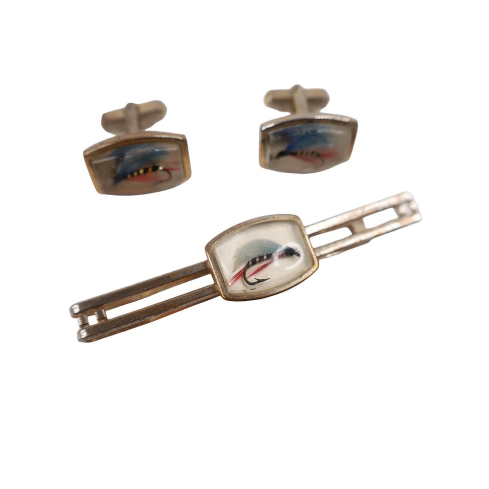 Vintage Anson Fly Fishing Cuff Links Tie Clip Set